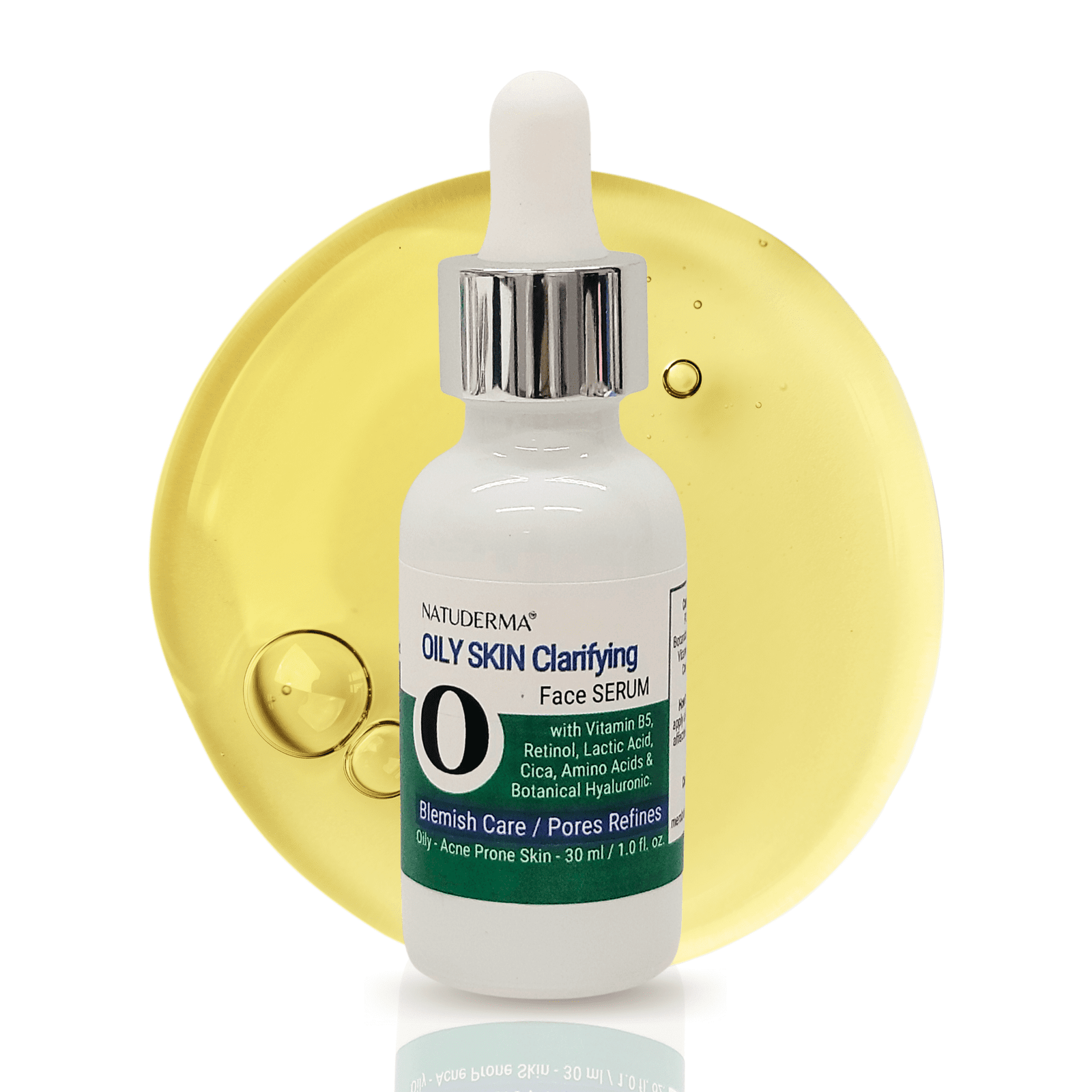 Retinol Serum for Oily Skin, Face Serum by Natuderma. 1 oz white bottle whit a yellow drop on background.