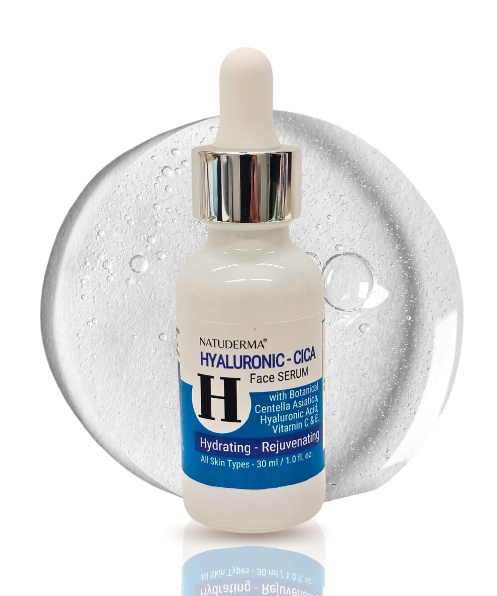 Natuderma Hyaluronic Acid Serum, vegan face serum on white bottle dropper