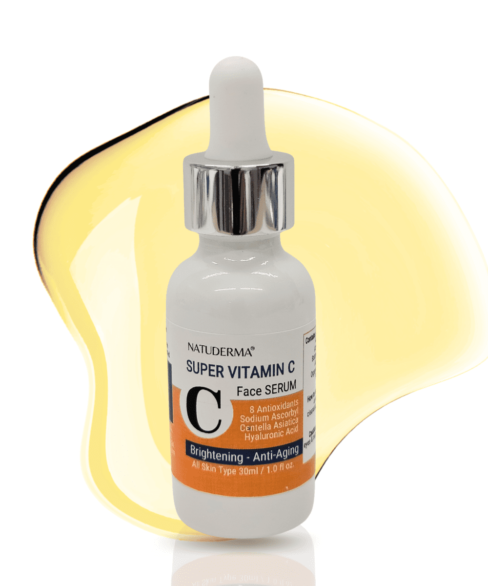 Vitamin C Serum for dark spot by Natuderma, white bottle dropper on white background