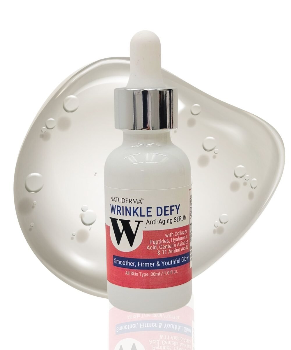 Natuderma Wrinkle Defy peptide serum bottle with dropper, 1 fl oz, for anti-aging skincare.