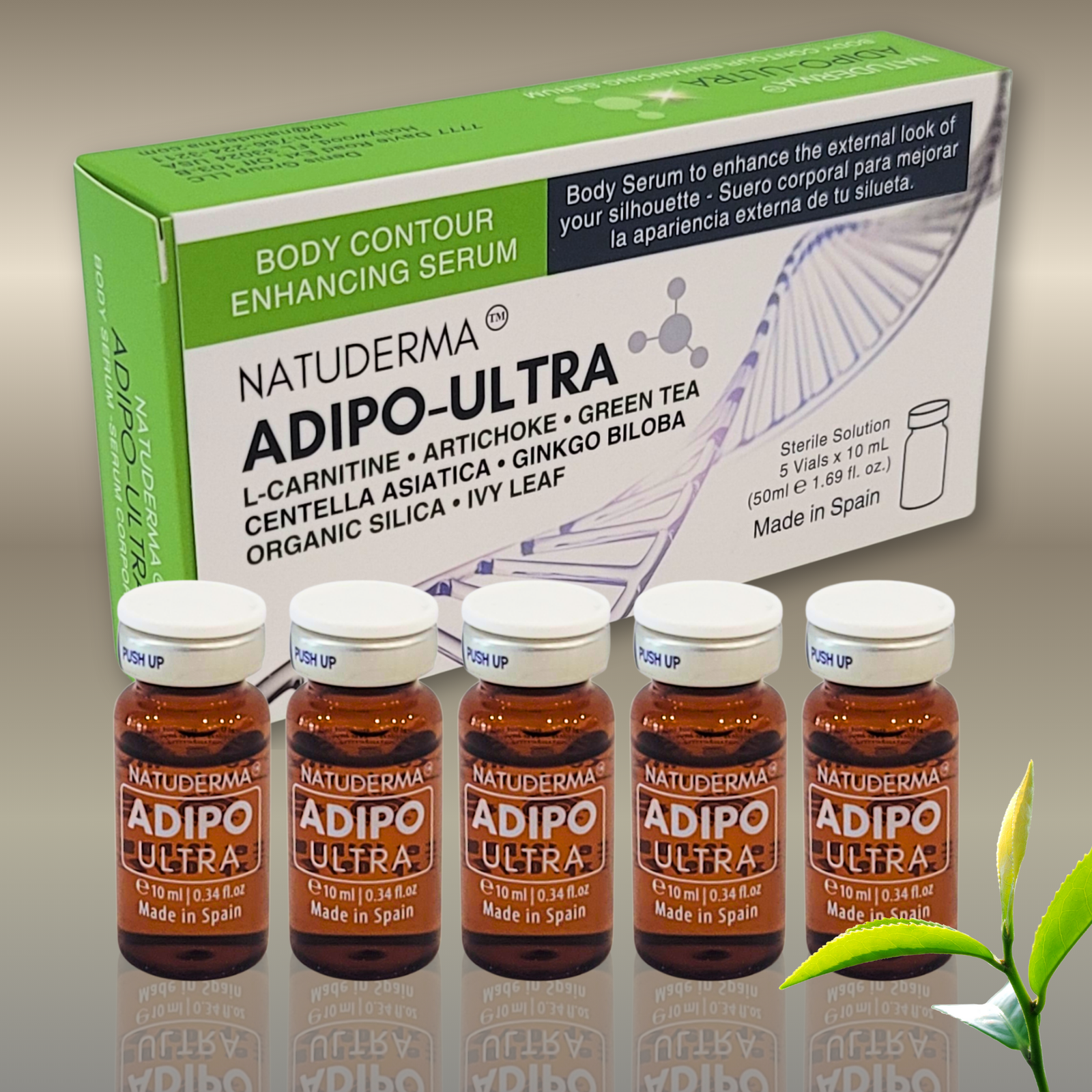 Natuderma Adipo Ultra body sculpting, with L-carnitine, five brown vial and a green box.