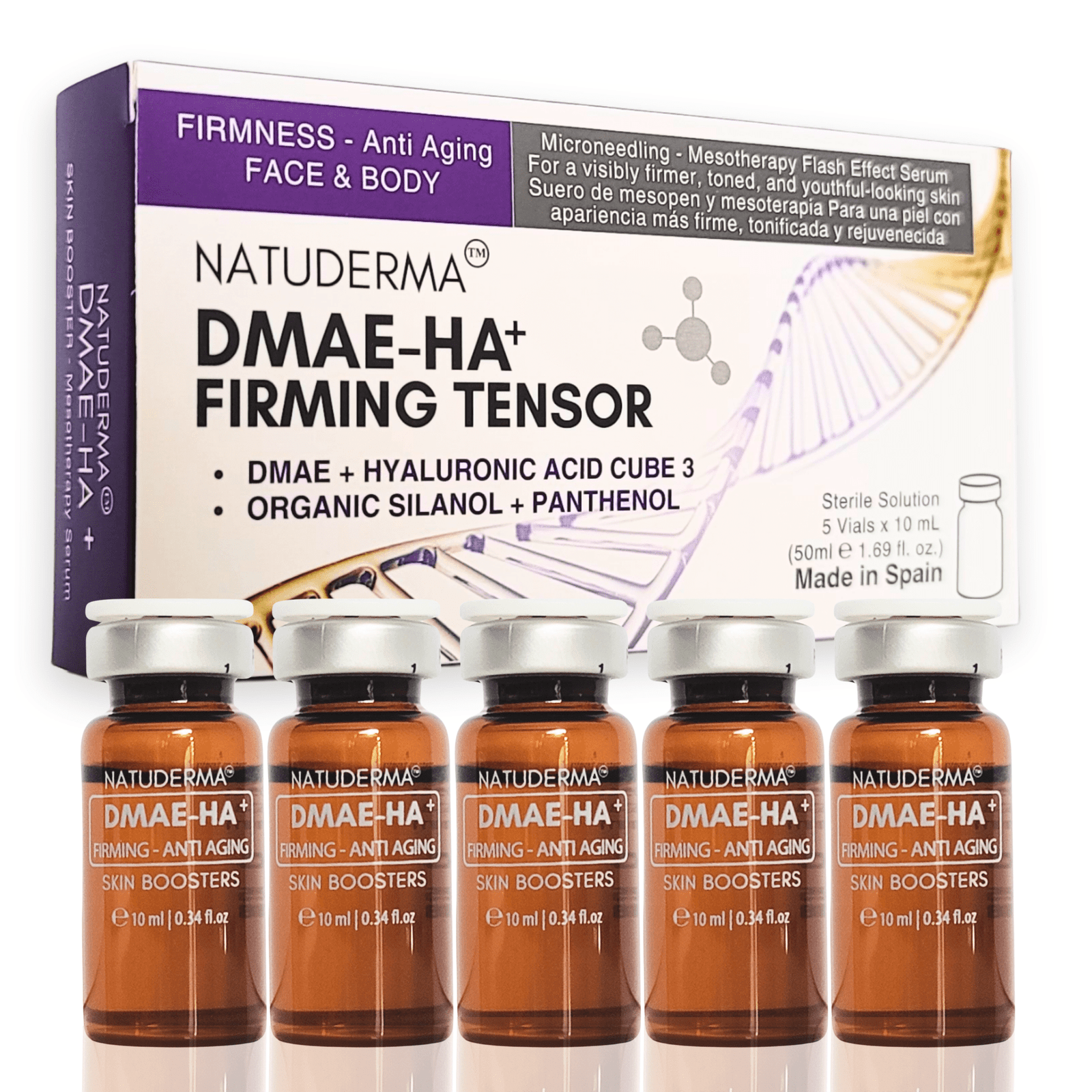 DMAe-Hyaluronic-Microneedling-Serum Microneedling serum vial for with Hyaluronic Acid skin booster, Natuderma DMAE-HA, a box with 5 vials