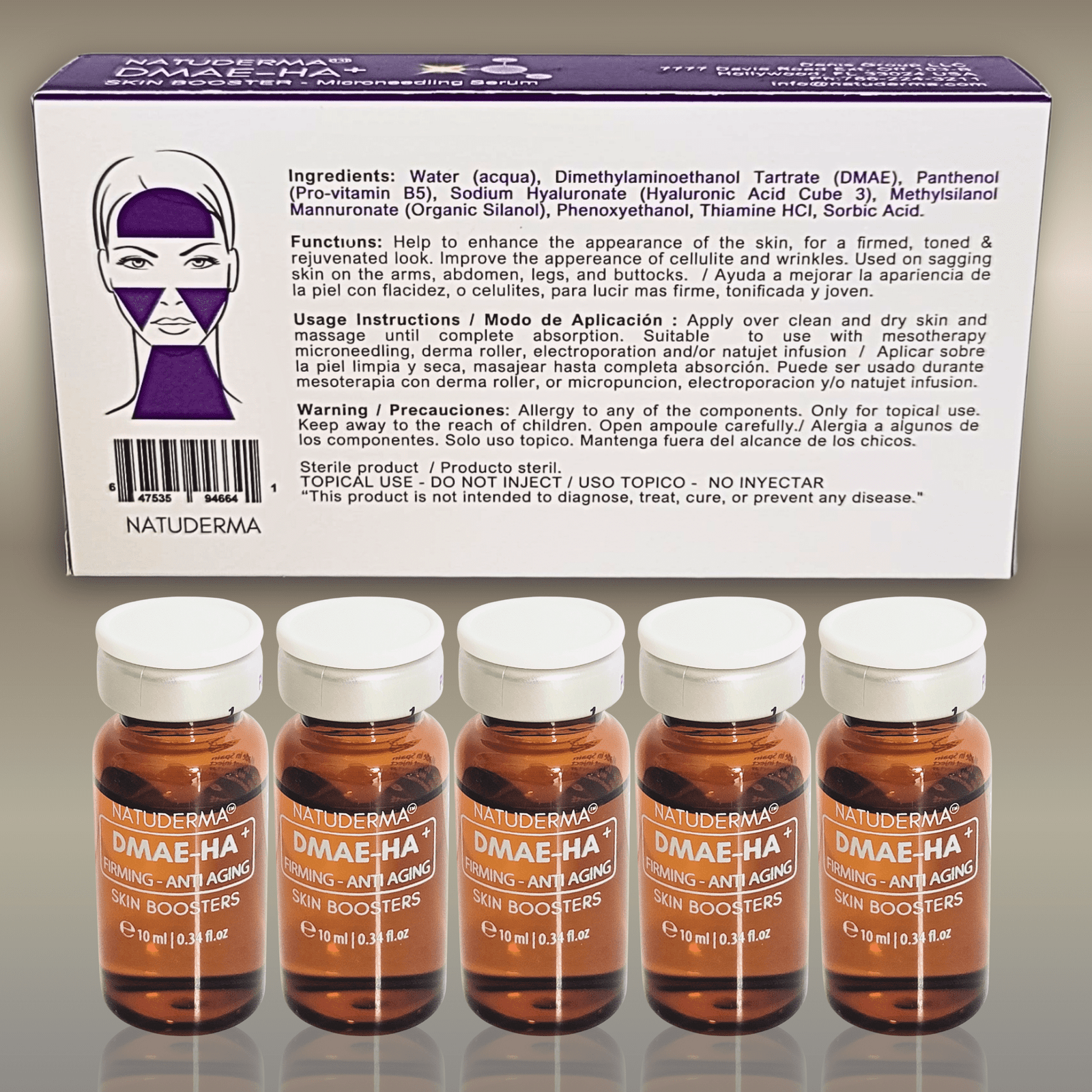 HYALURONIC-ACID-DMAE-Skin-Booster Microneedling serum with Hyaluronic Acid and DMAE, Natuderma DMAE-HA, a box with 5 vials, showing back of box