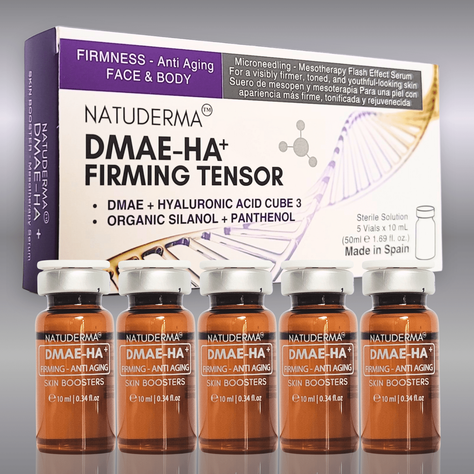 Hyaluronic-Acid-flash-effect-firming-serum Microneedling serum with Hyaluronic Acid and DMAE, Natuderma DMAE-HA, a box with 5 vials, on gray background