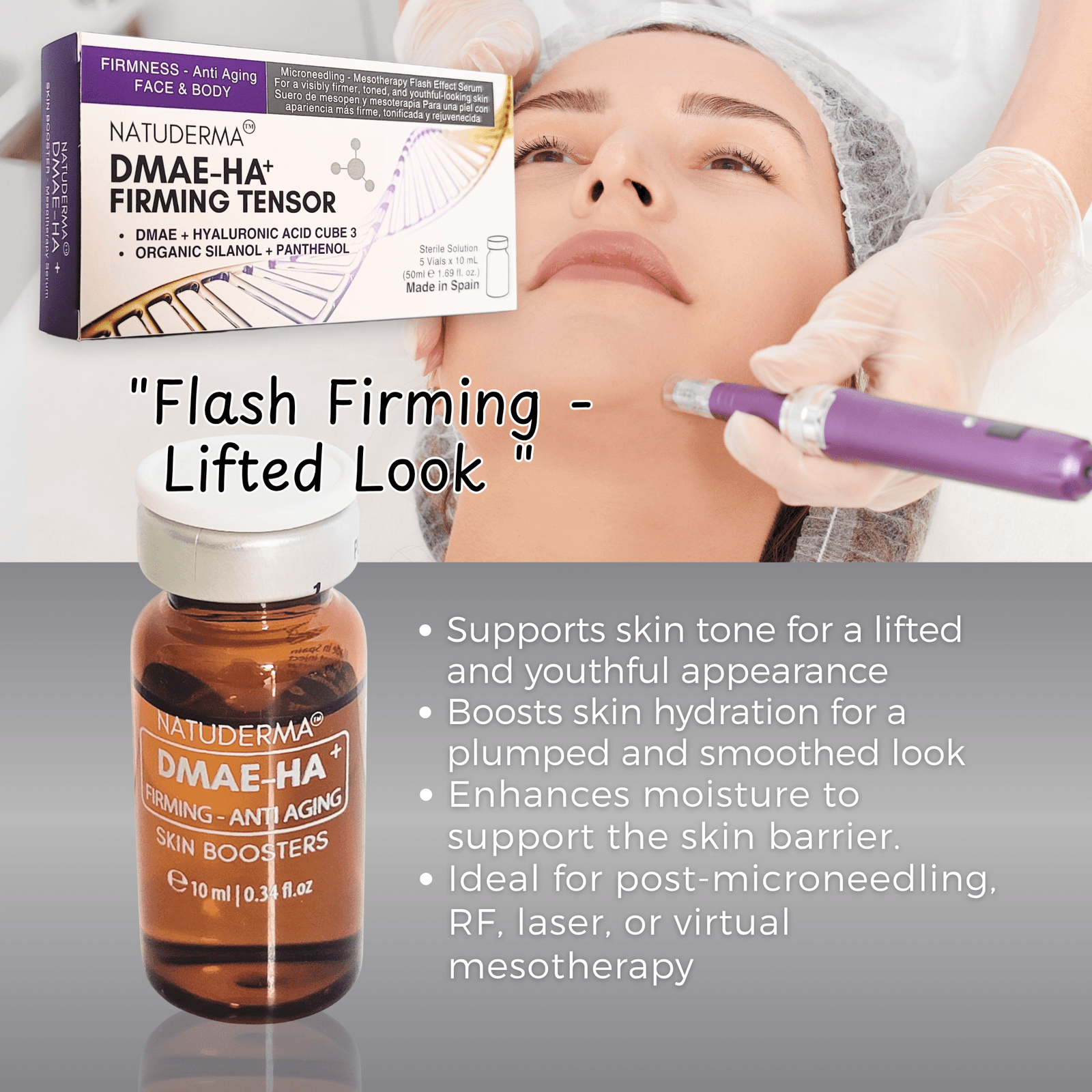 Natuderma-DMAE-Flash-Effect-Firming-Microneedling-Serum A woman having Microneedling serum treatment with Hyaluronic Acid skin booster, Natuderma DMAE-HA, says Flash Firming lifted look, and all skin benefits