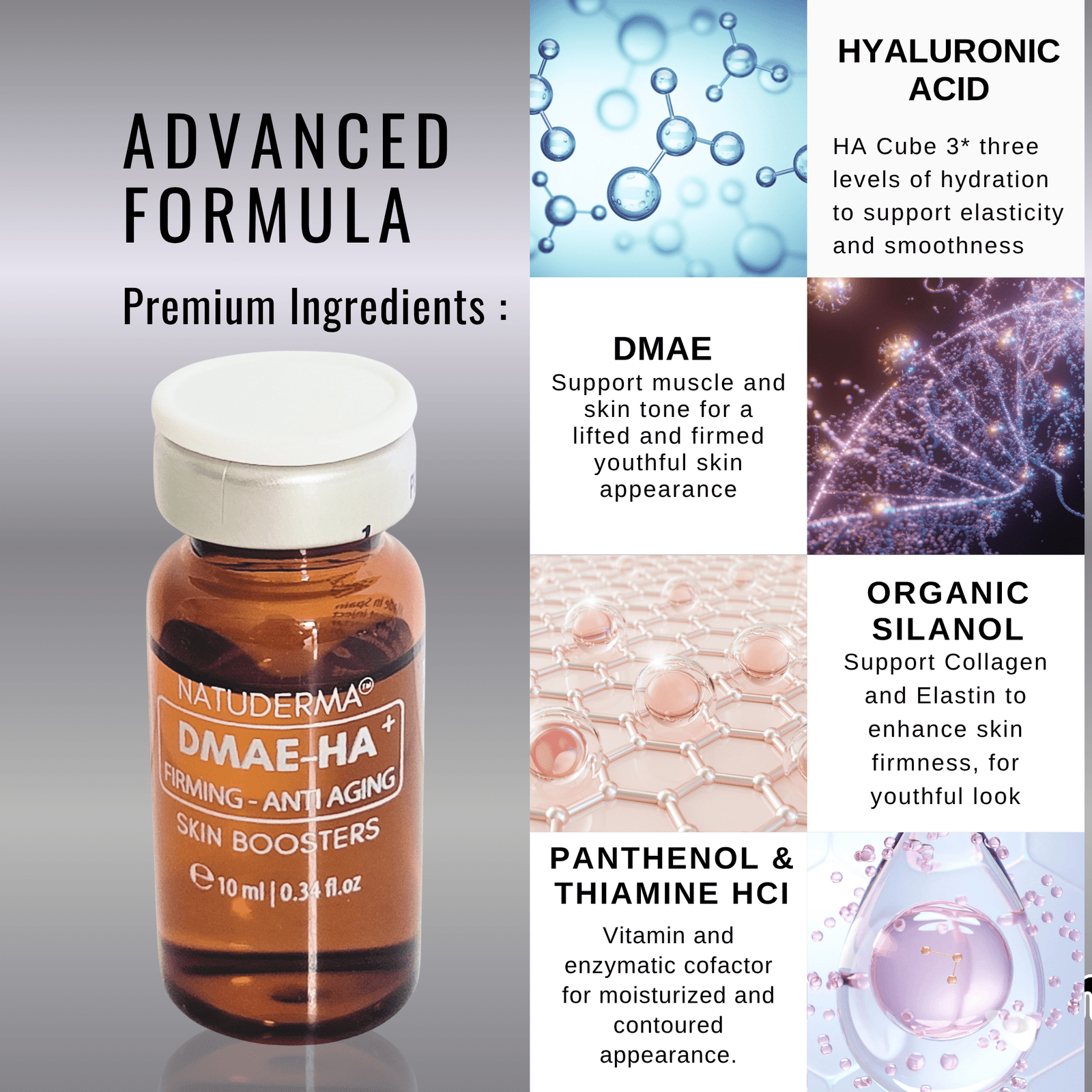 Natuderma-DMAE-HA-Skin-Booster-Ingredients Microneedling serum with Hyaluronic Acid and DMAE, Natuderma DMAE-HA, skin booster vials, showing main ingredients