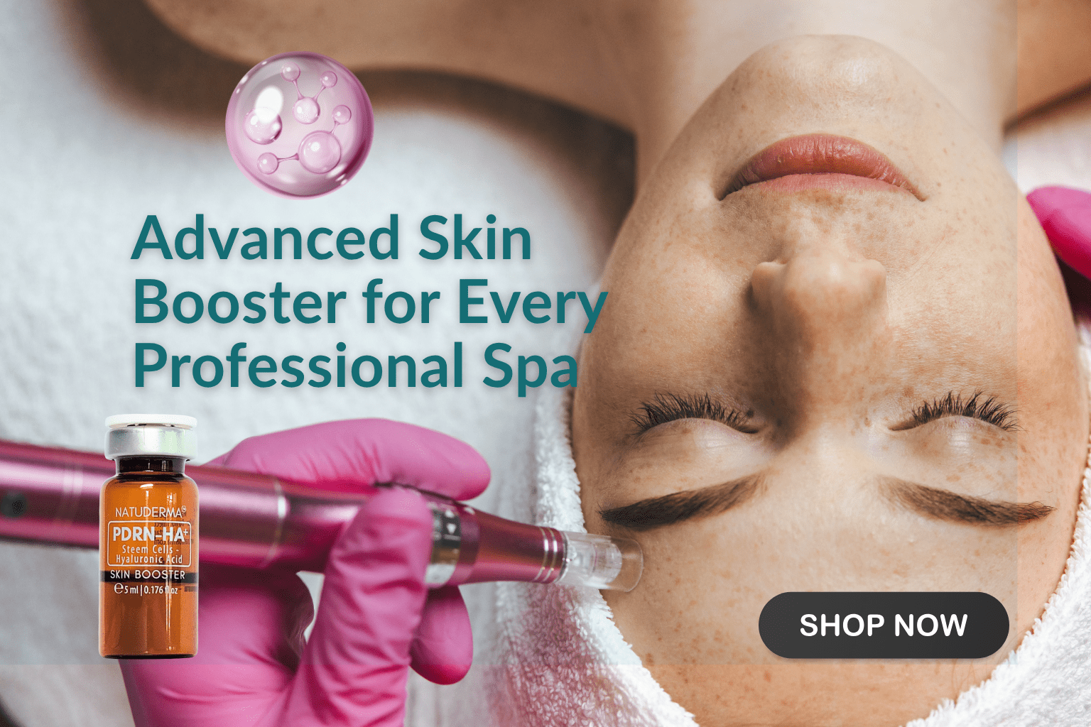 Natuderma Microneedling serum, women having treatment in a spa bacgroung with a leetr that say advanced skin booster for every professional spa