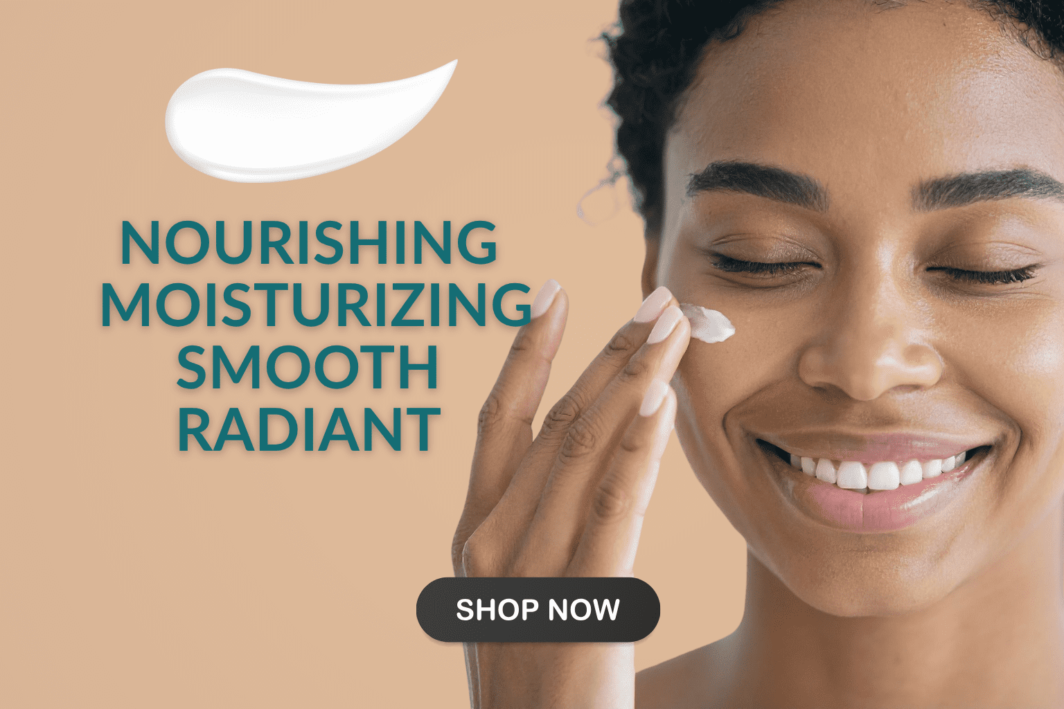 Natuderma face moisturizer cream, women applying cream on her face beige background with letter Nourishing , moisturizing, smooth and radiant.