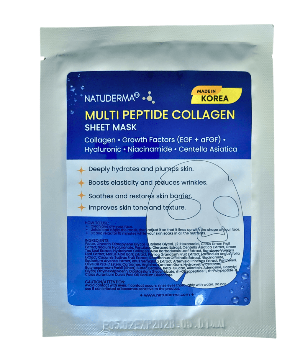 Collagen peptide professional sheet mask by natuderma sachet on white background